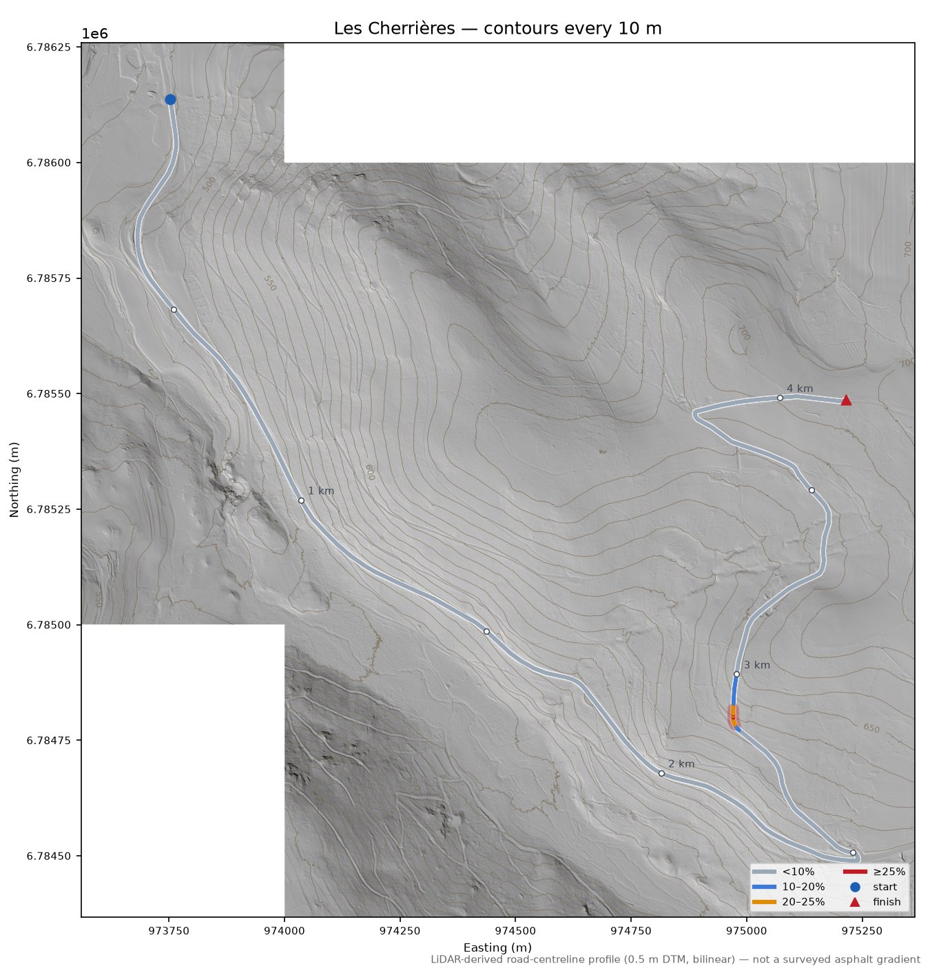 Les Cherrières LiDAR hillshade map with contours