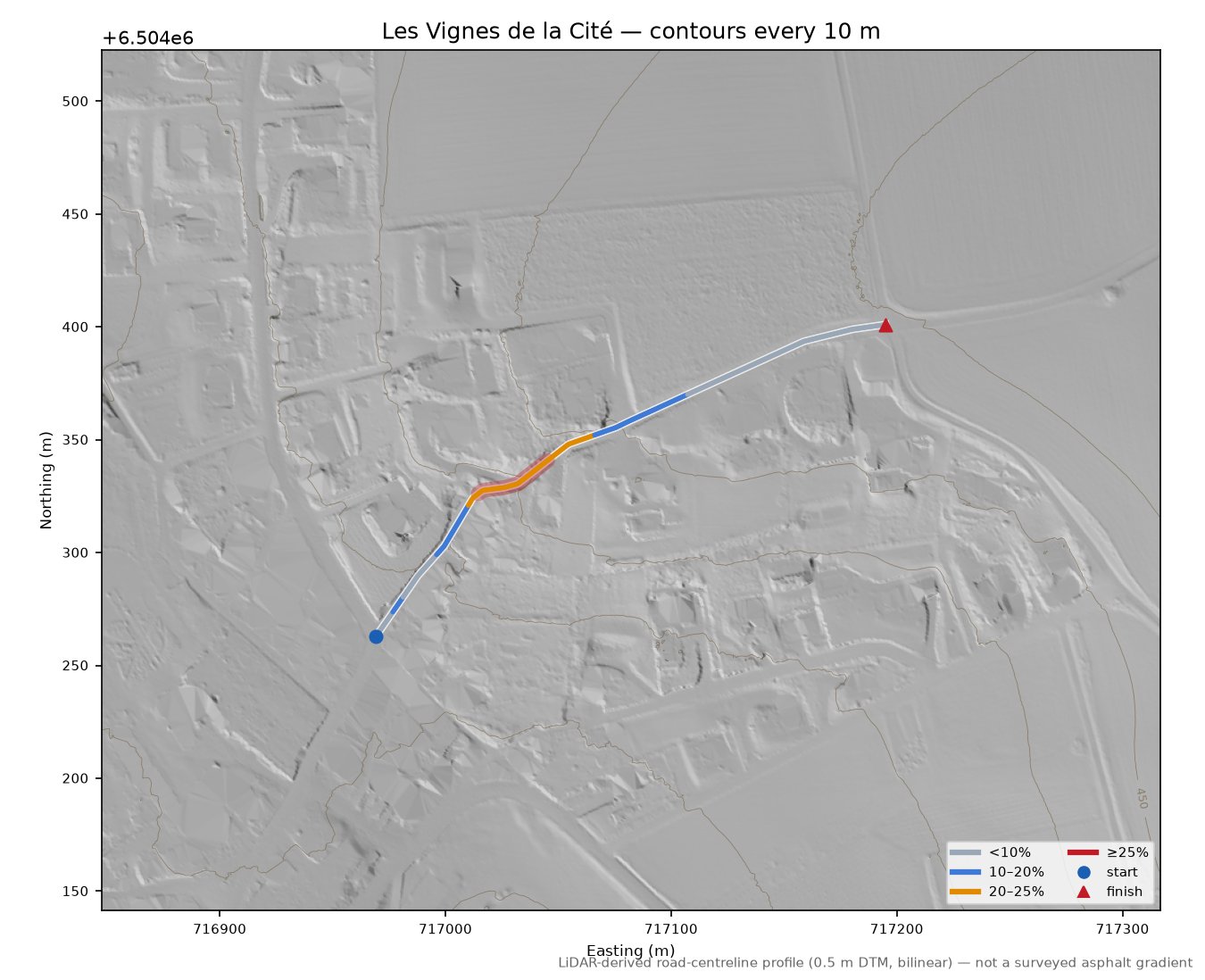 Les Vignes de la Cité LiDAR hillshade map with contours