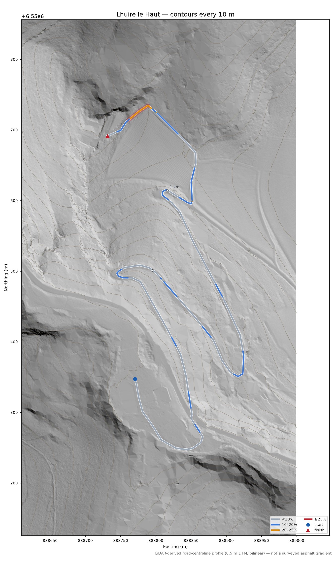 Lhuire le Haut LiDAR hillshade map with contours