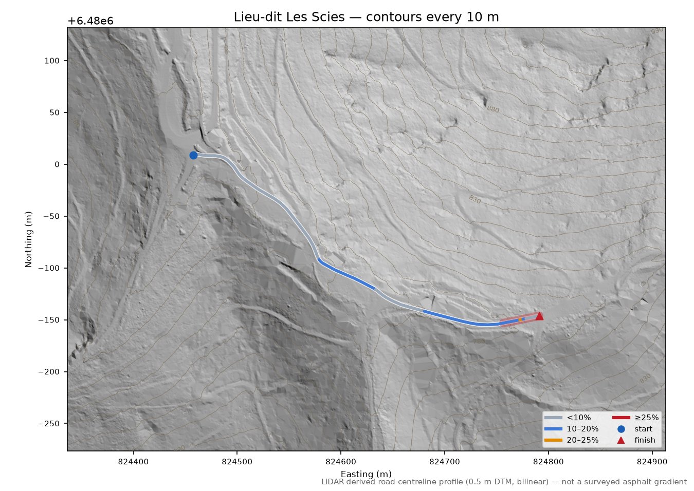 Lieu-dit Les Scies LiDAR hillshade map with contours