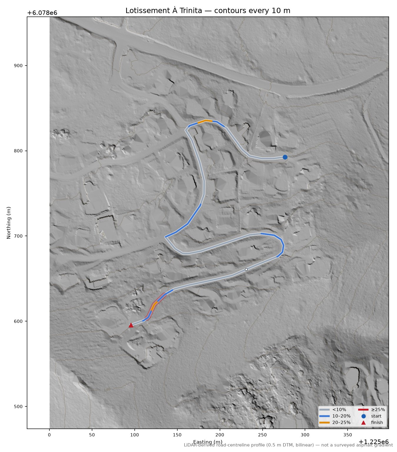 Lotissement À Trinita LiDAR hillshade map with contours