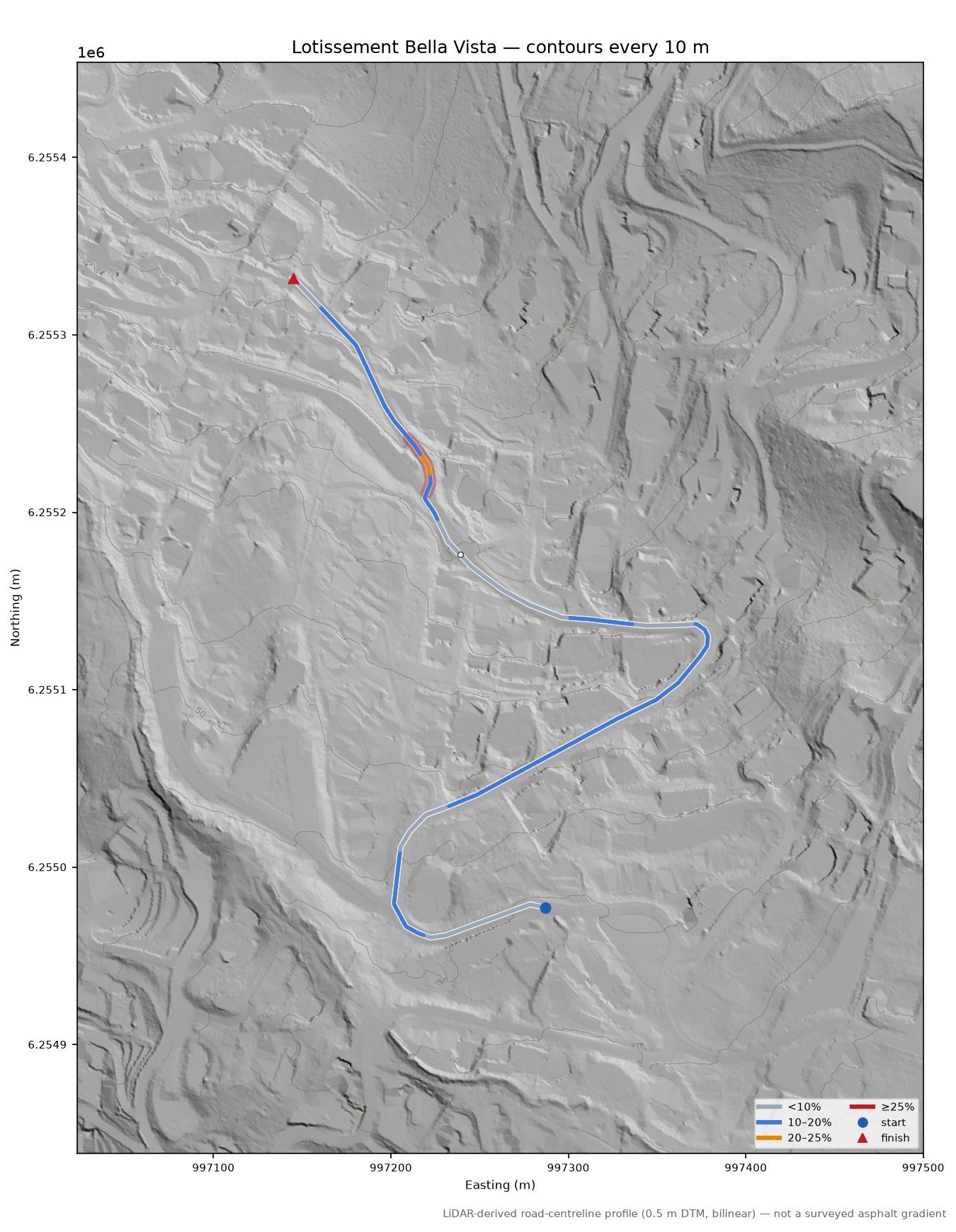 Lotissement Bella Vista LiDAR hillshade map with contours