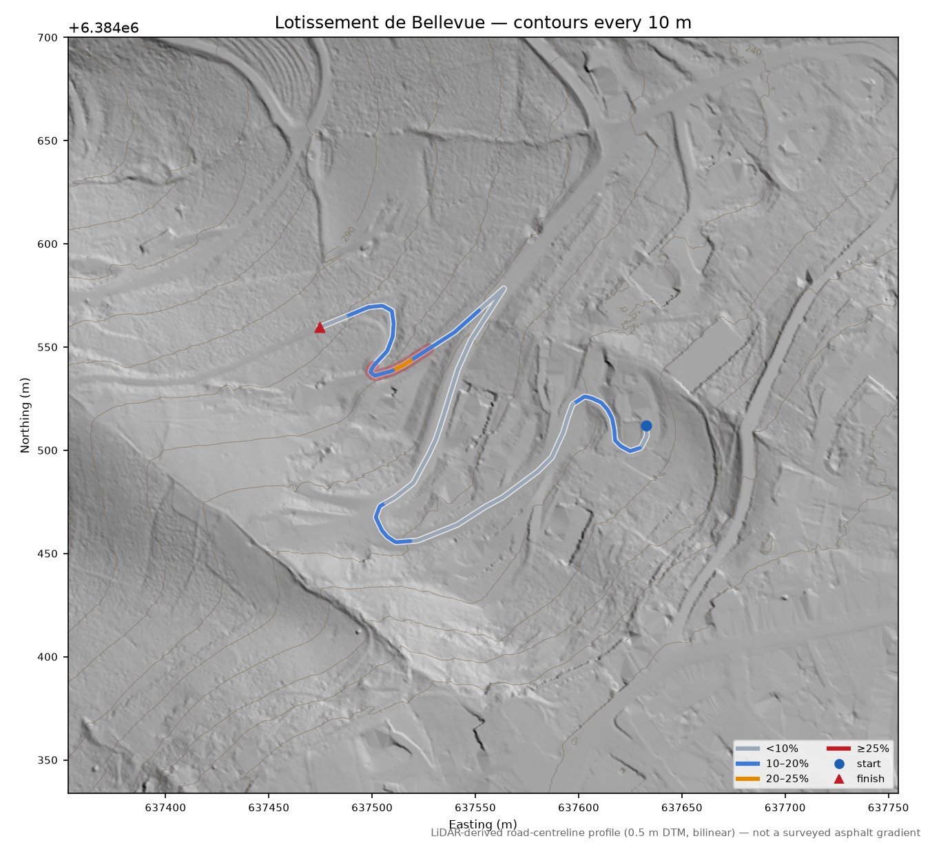 Lotissement de Bellevue LiDAR hillshade map with contours
