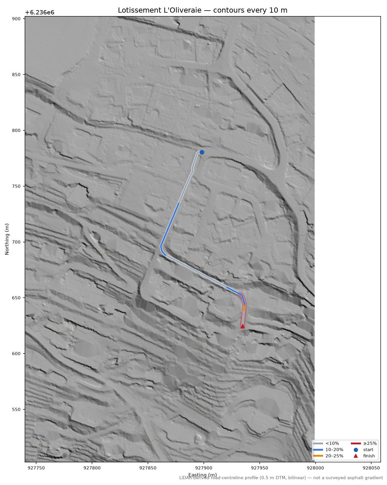 Lotissement L'Oliveraie LiDAR hillshade map with contours