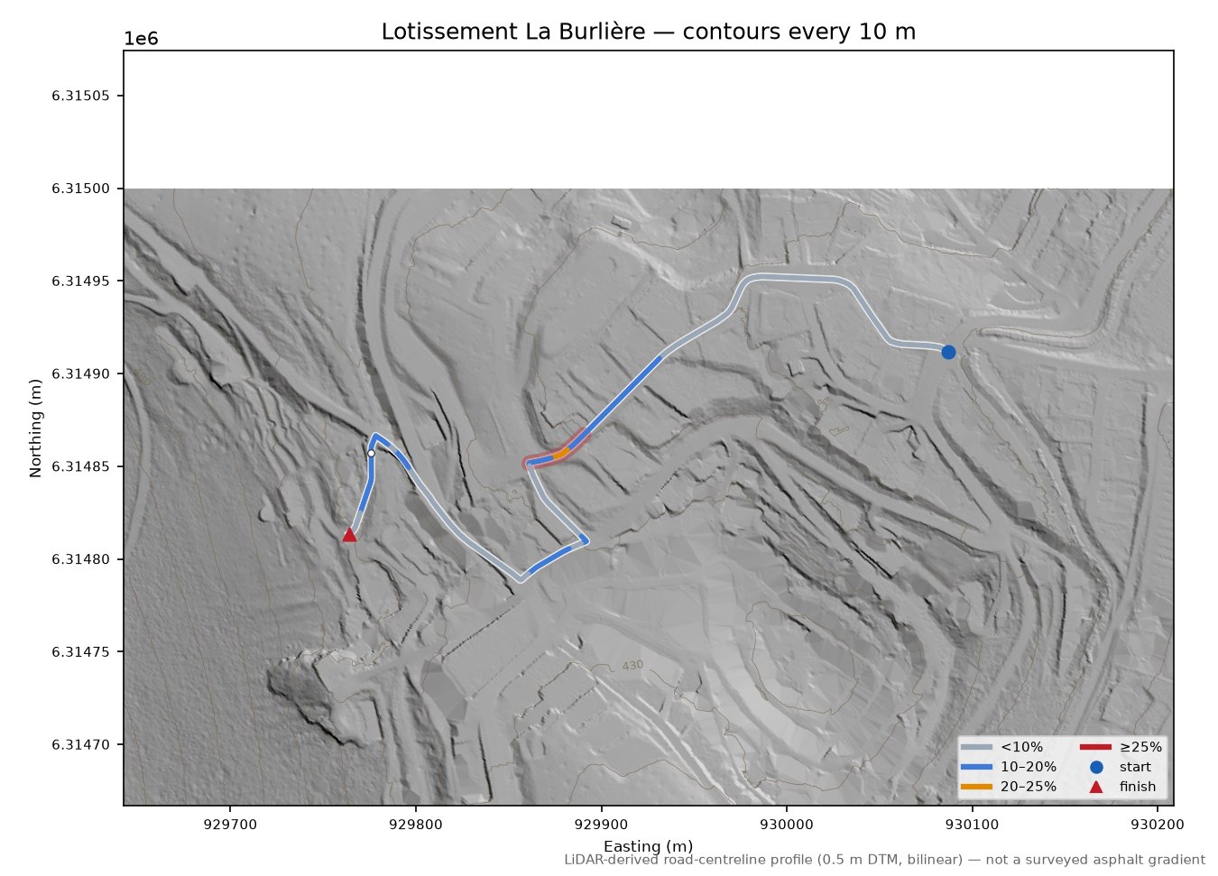 Lotissement La Burlière LiDAR hillshade map with contours