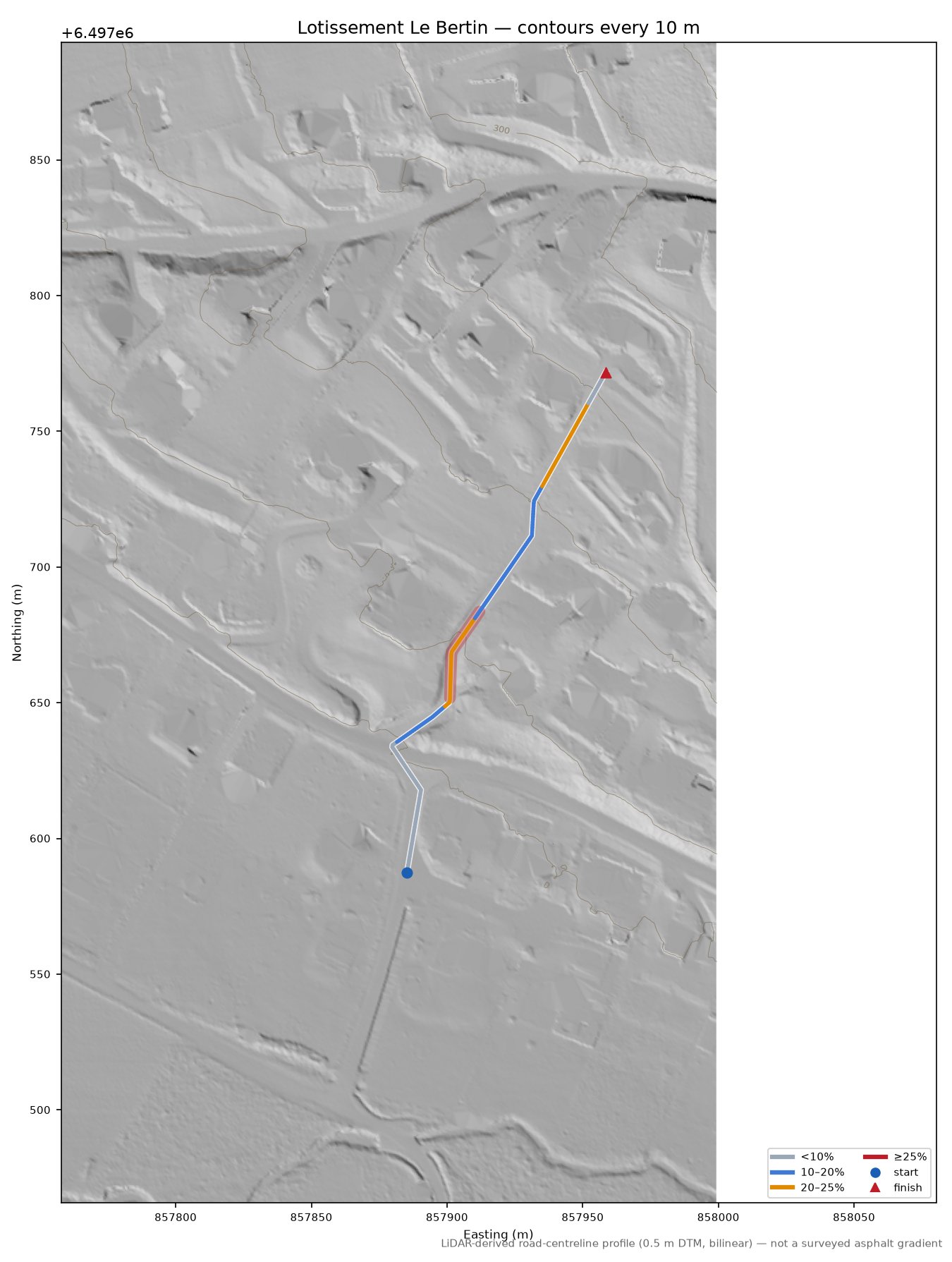 Lotissement Le Bertin LiDAR hillshade map with contours