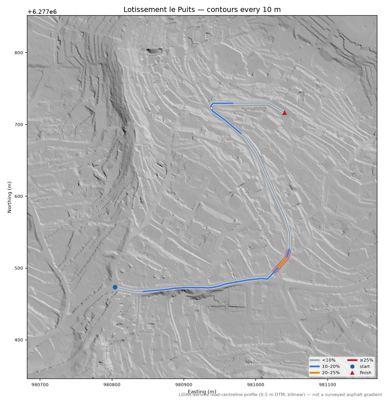 Lotissement le Puits LiDAR hillshade map with contours