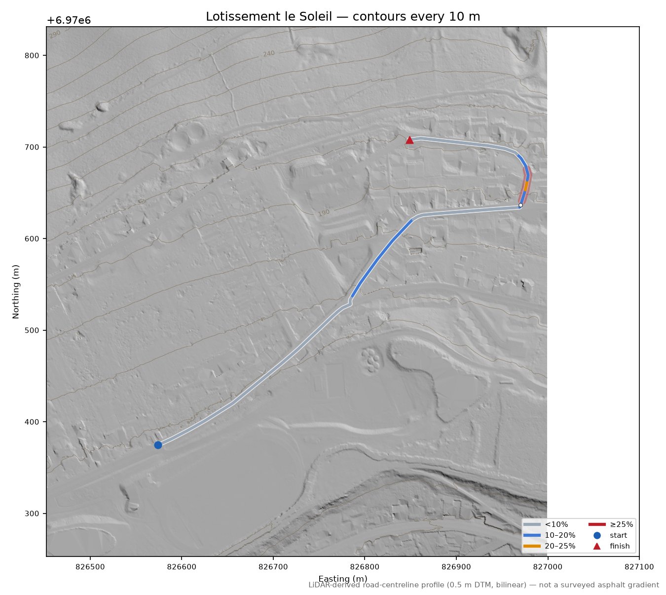 Lotissement le Soleil LiDAR hillshade map with contours
