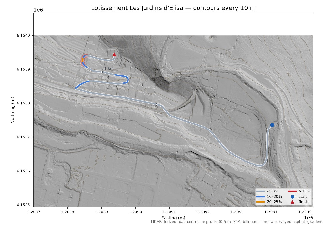 Lotissement Les Jardins d'Elisa LiDAR hillshade map with contours