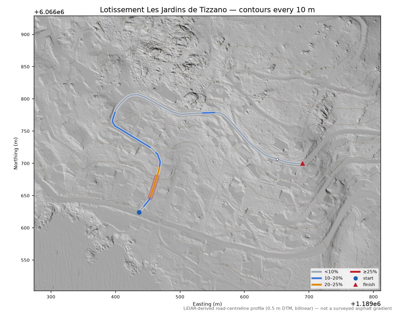 Lotissement Les Jardins de Tizzano LiDAR hillshade map with contours