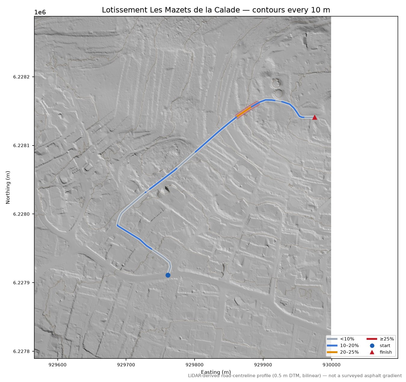 Lotissement Les Mazets de la Calade LiDAR hillshade map with contours