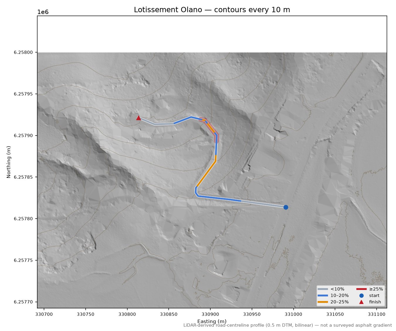 Lotissement Olano LiDAR hillshade map with contours