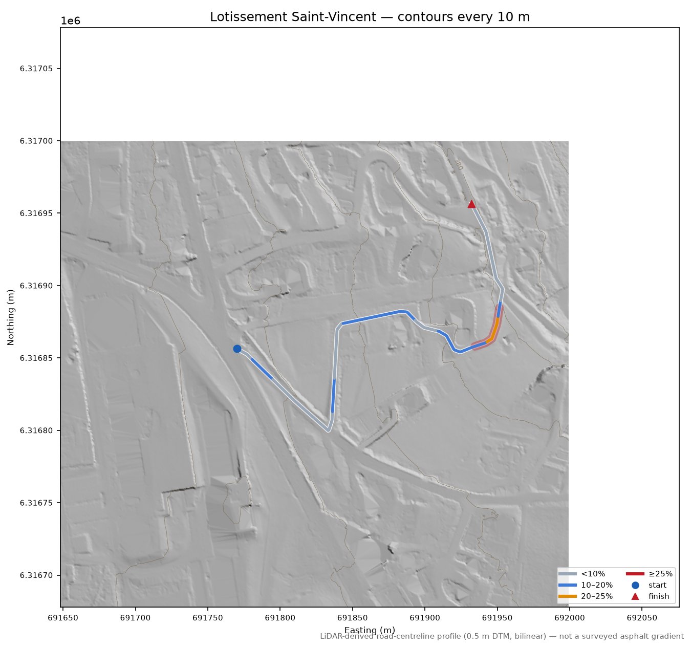 Lotissement Saint-Vincent LiDAR hillshade map with contours