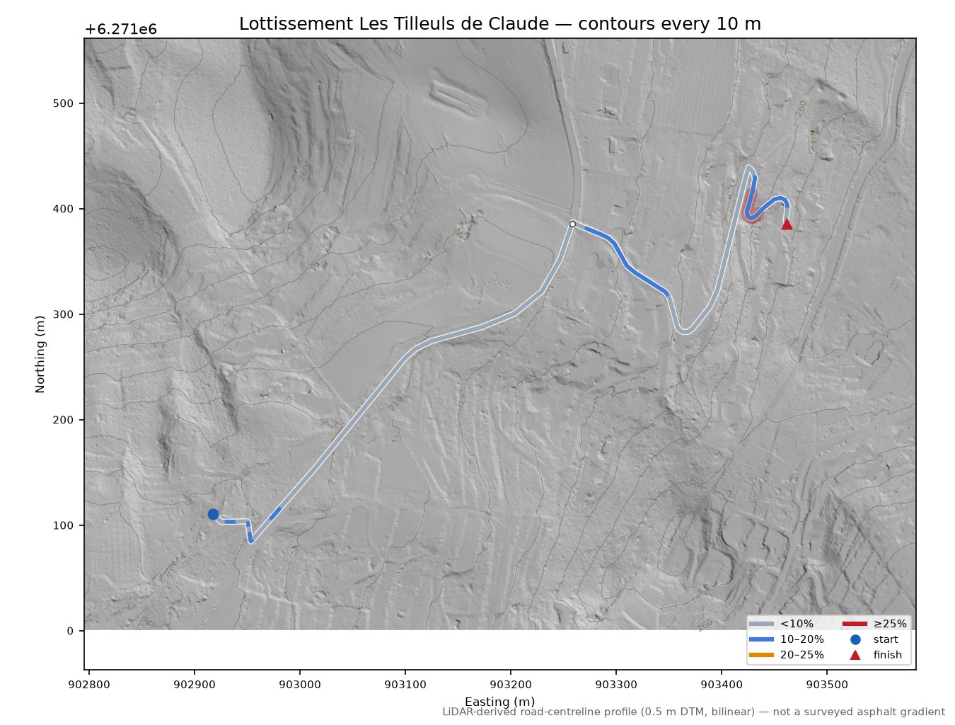 Lottissement Les Tilleuls de Claude LiDAR hillshade map with contours