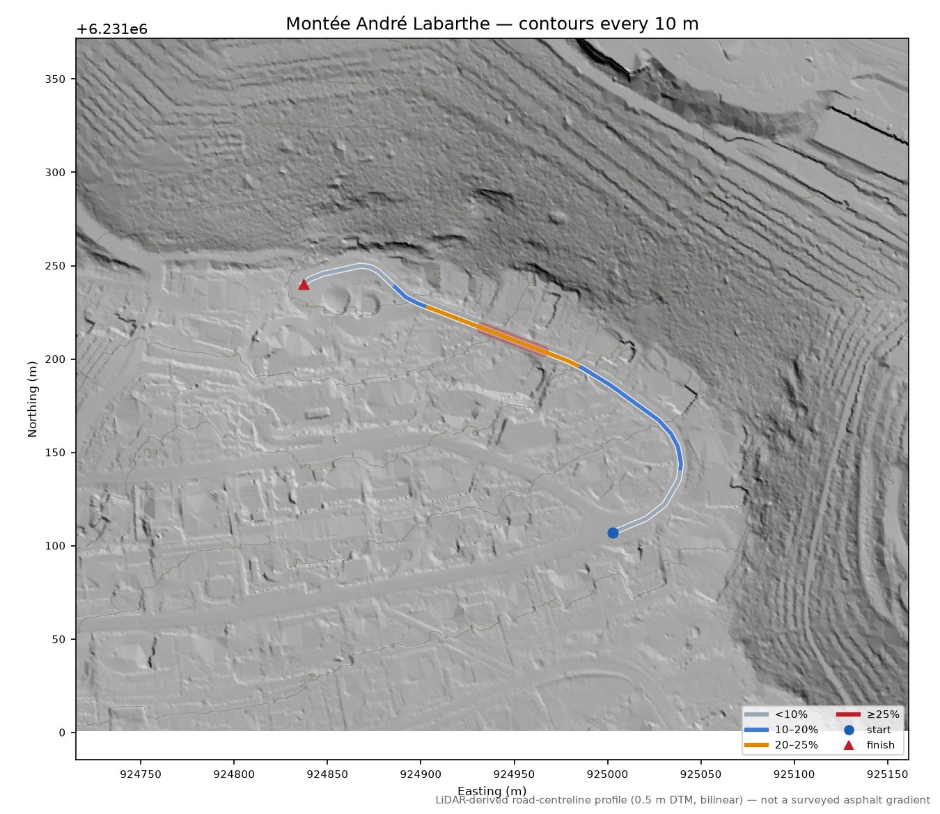 Montée André Labarthe LiDAR hillshade map with contours