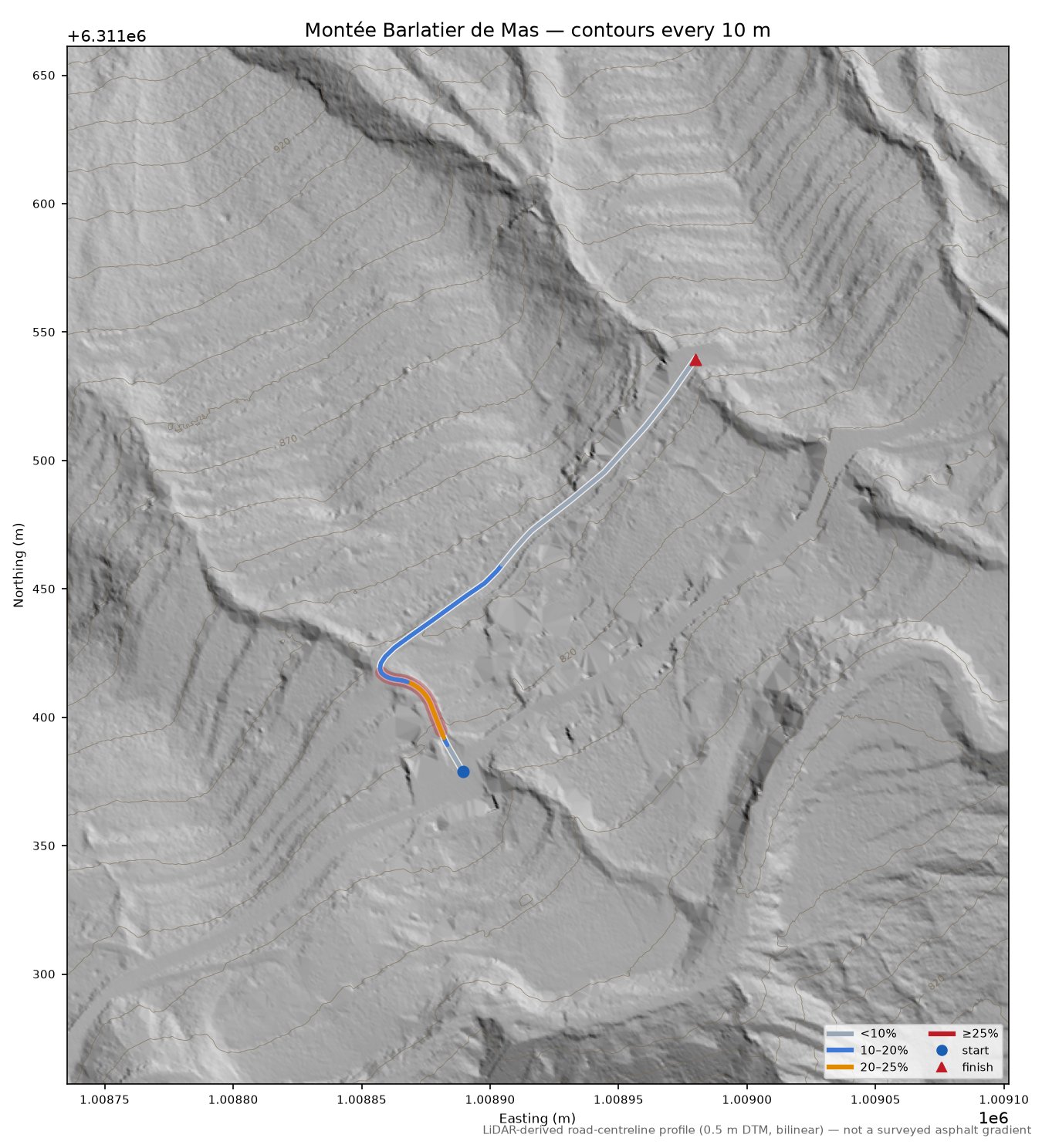 Montée Barlatier de Mas LiDAR hillshade map with contours