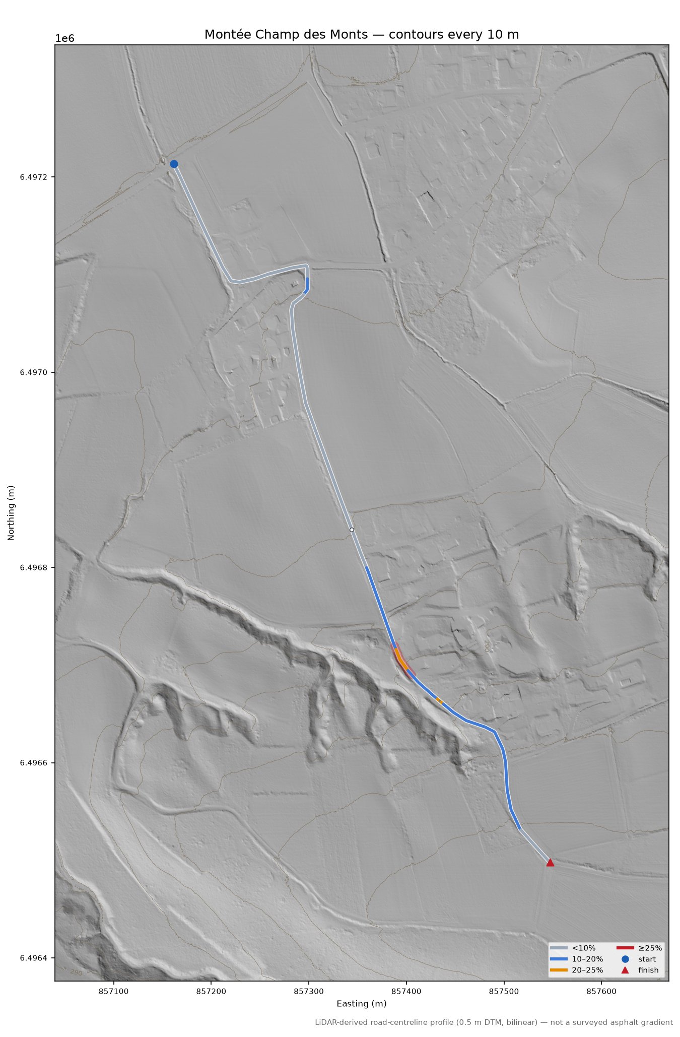 Montée Champ des Monts LiDAR hillshade map with contours