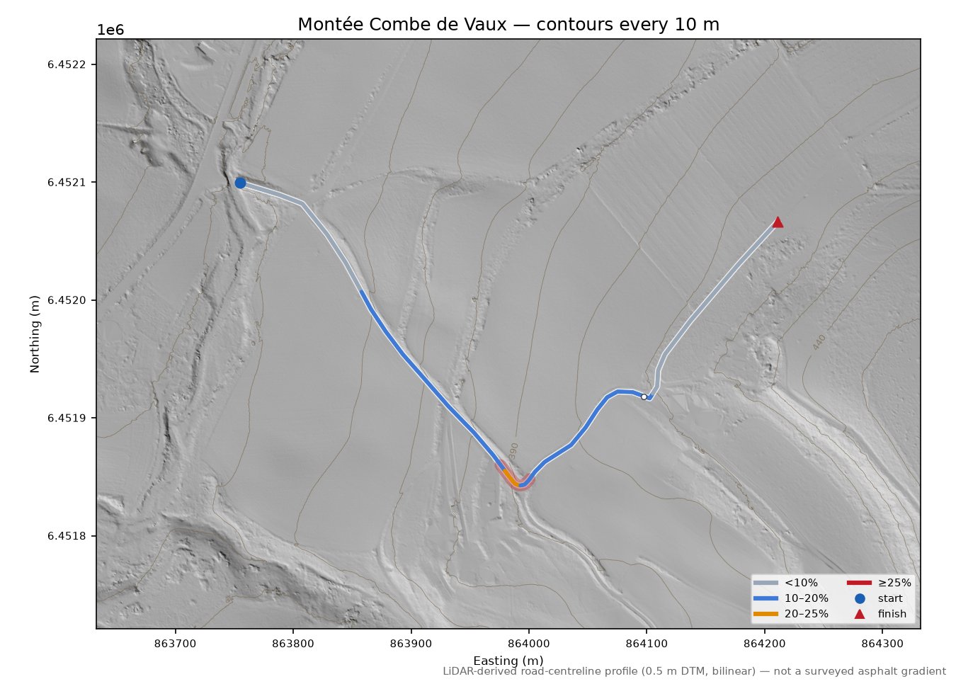 Montée Combe de Vaux LiDAR hillshade map with contours