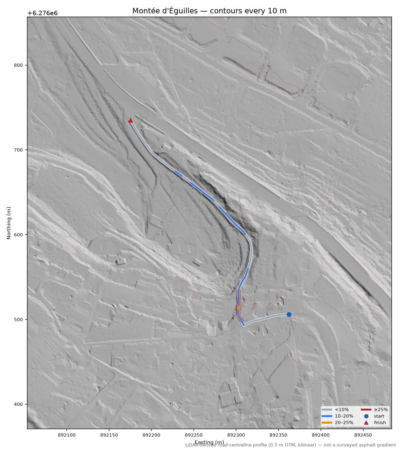 Montée d'Éguilles LiDAR hillshade map with contours
