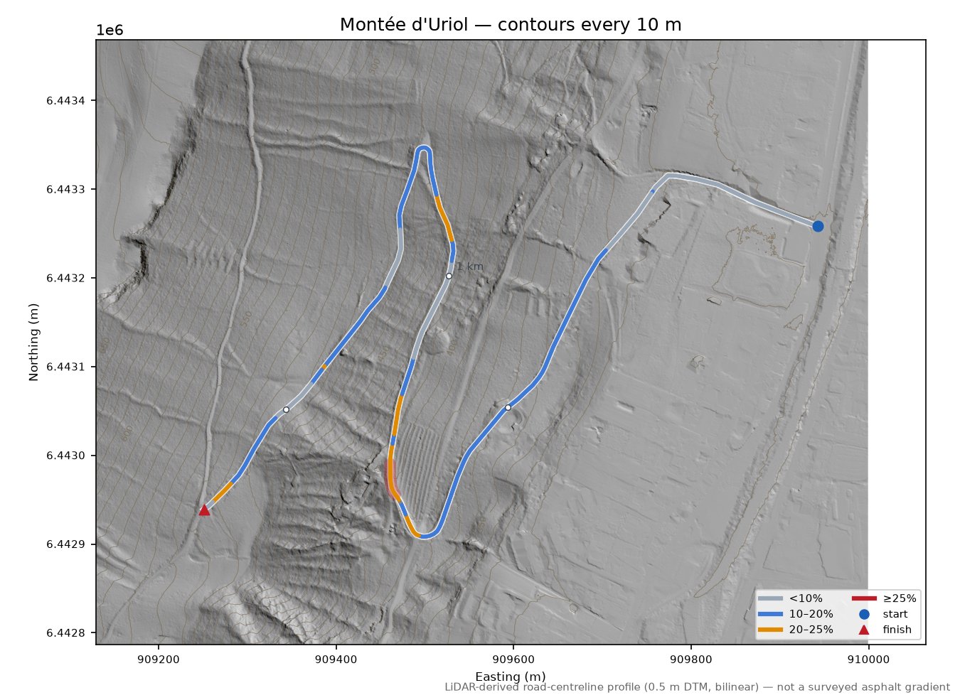 Montée d'Uriol LiDAR hillshade map with contours