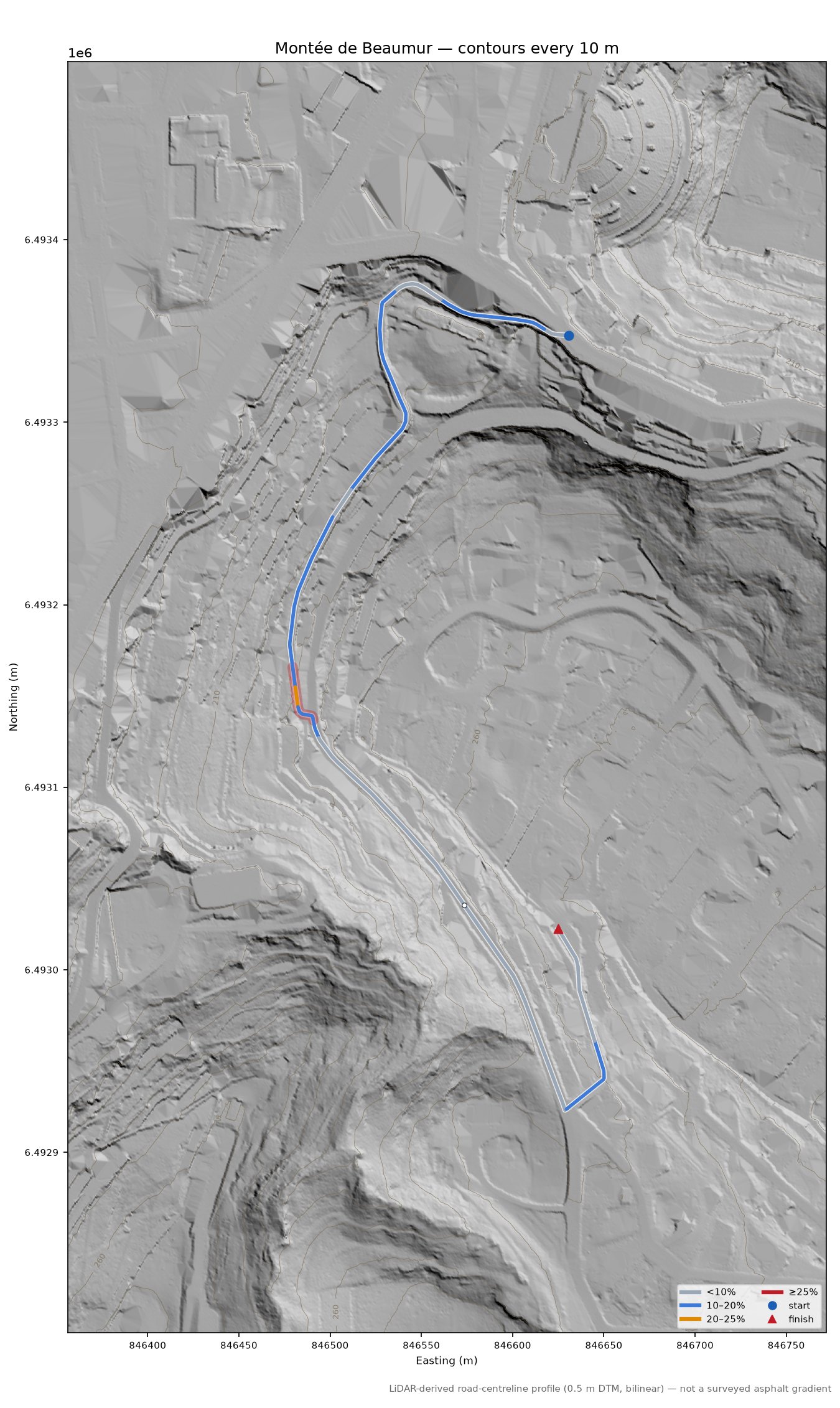 Montée de Beaumur LiDAR hillshade map with contours