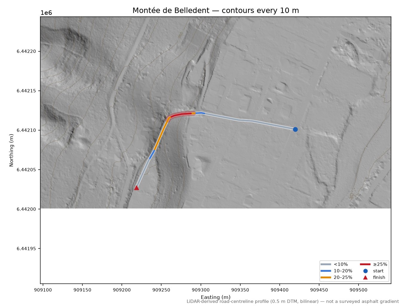 Montée de Belledent LiDAR hillshade map with contours