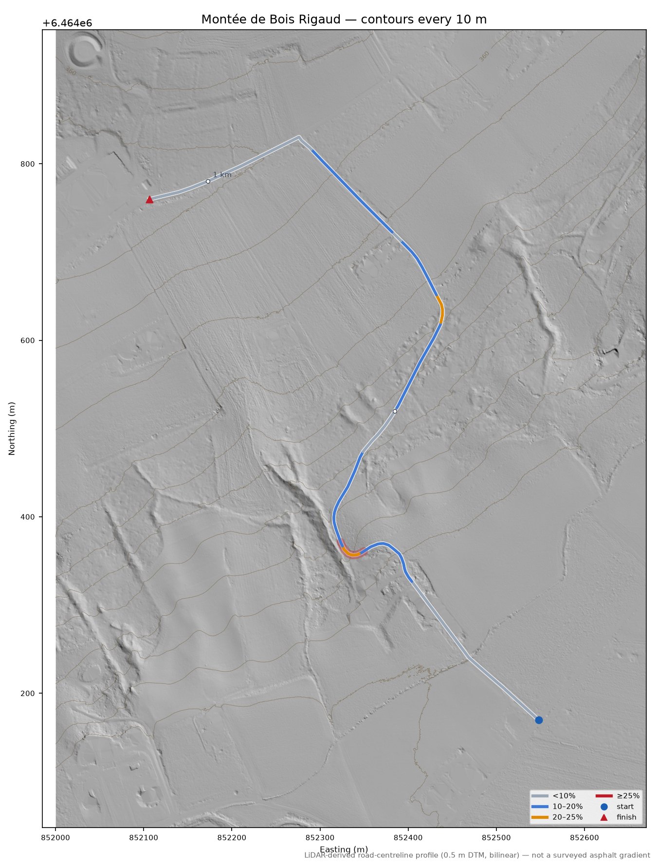 Montée de Bois Rigaud LiDAR hillshade map with contours