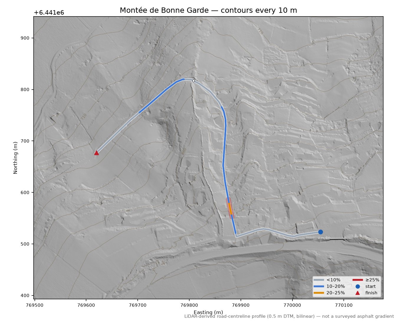 Montée de Bonne Garde LiDAR hillshade map with contours