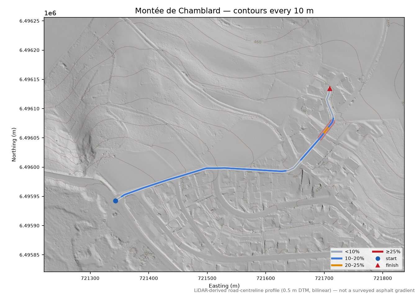 Montée de Chamblard LiDAR hillshade map with contours