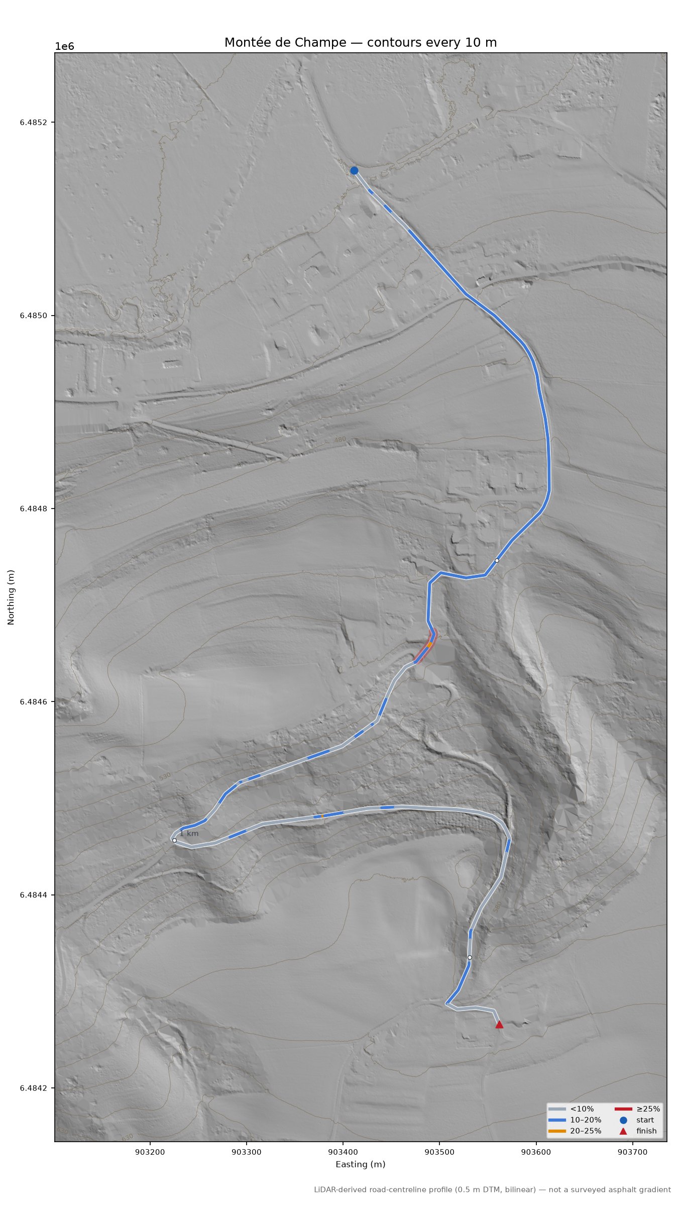 Montée de Champe LiDAR hillshade map with contours