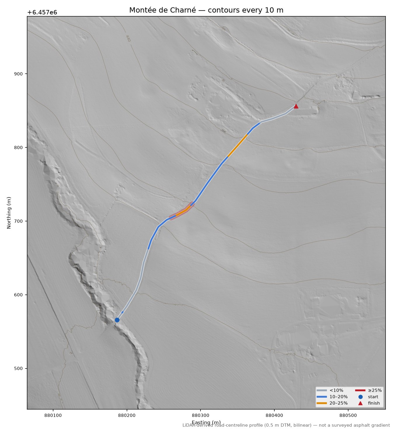 Montée de Charné LiDAR hillshade map with contours