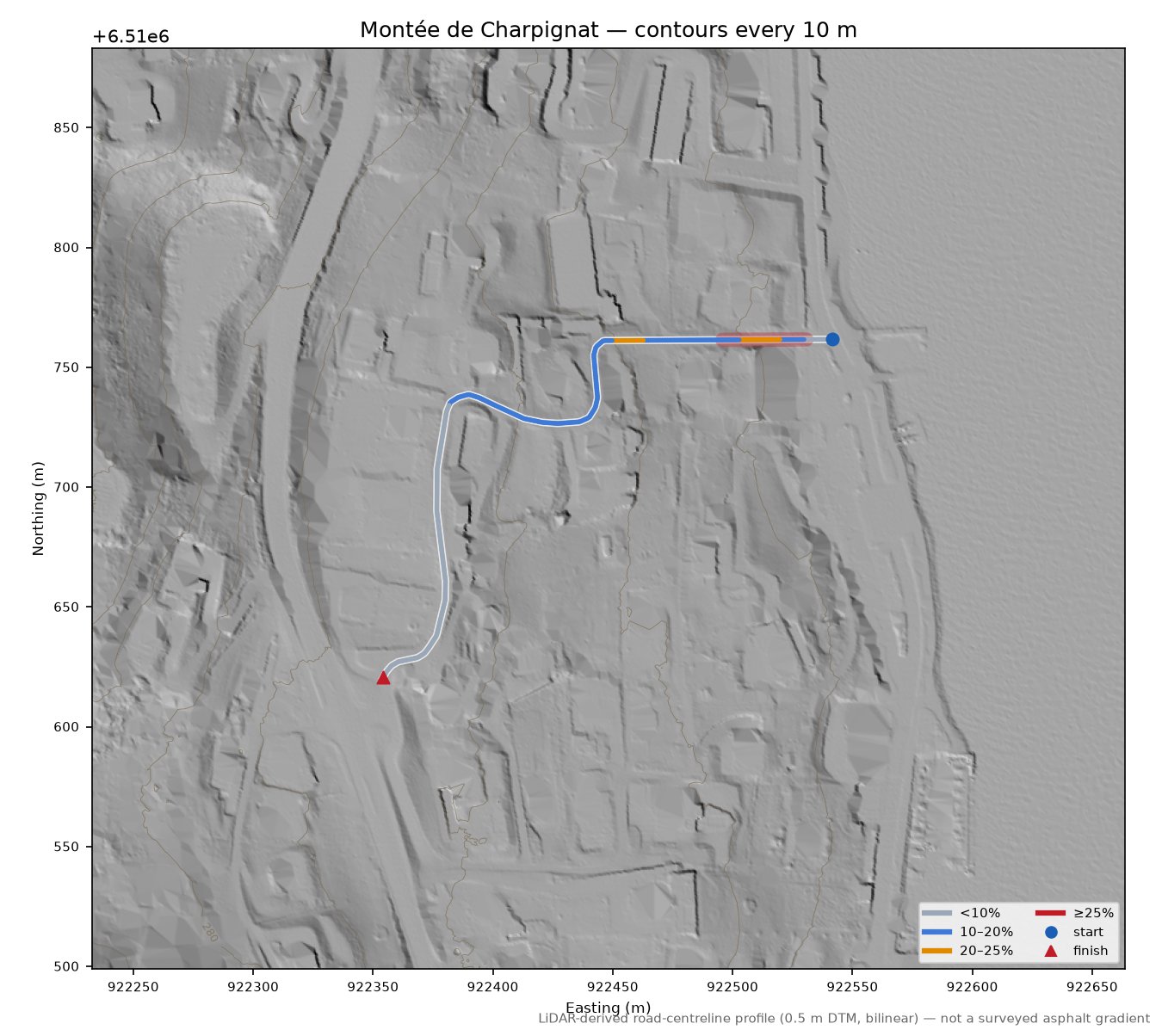 Montée de Charpignat LiDAR hillshade map with contours
