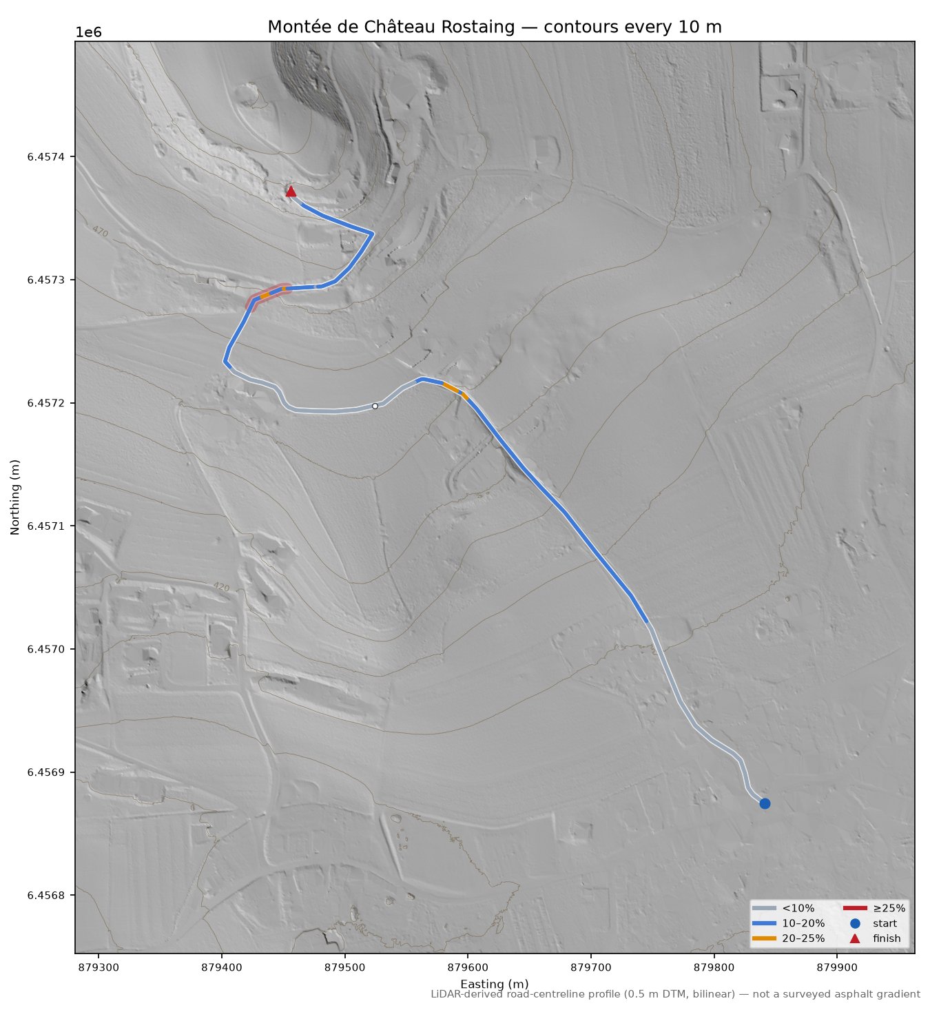 Montée de Château Rostaing LiDAR hillshade map with contours