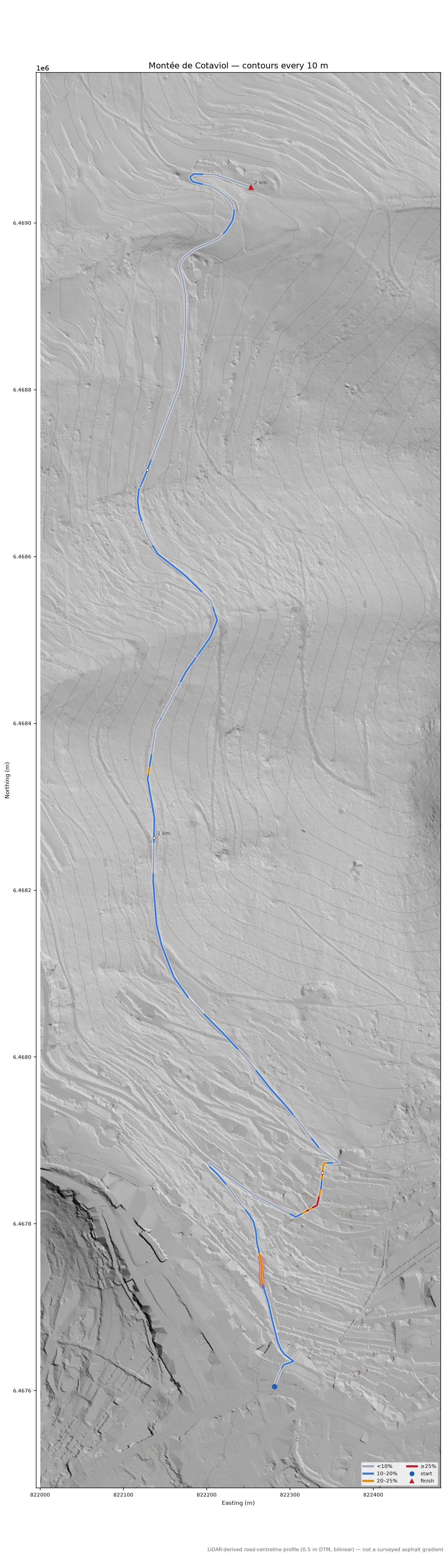 Montée de Cotaviol LiDAR hillshade map with contours