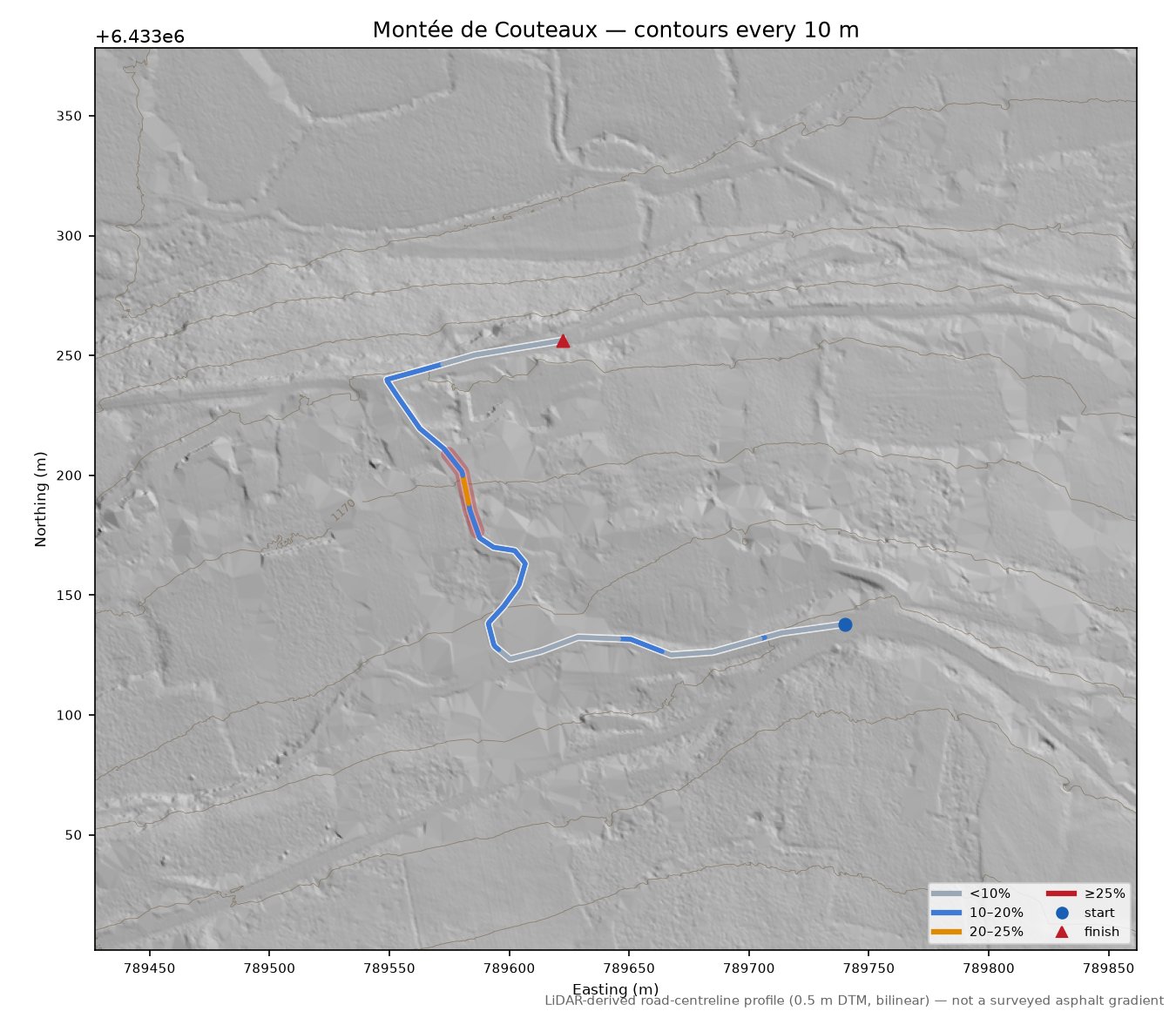 Montée de Couteaux LiDAR hillshade map with contours
