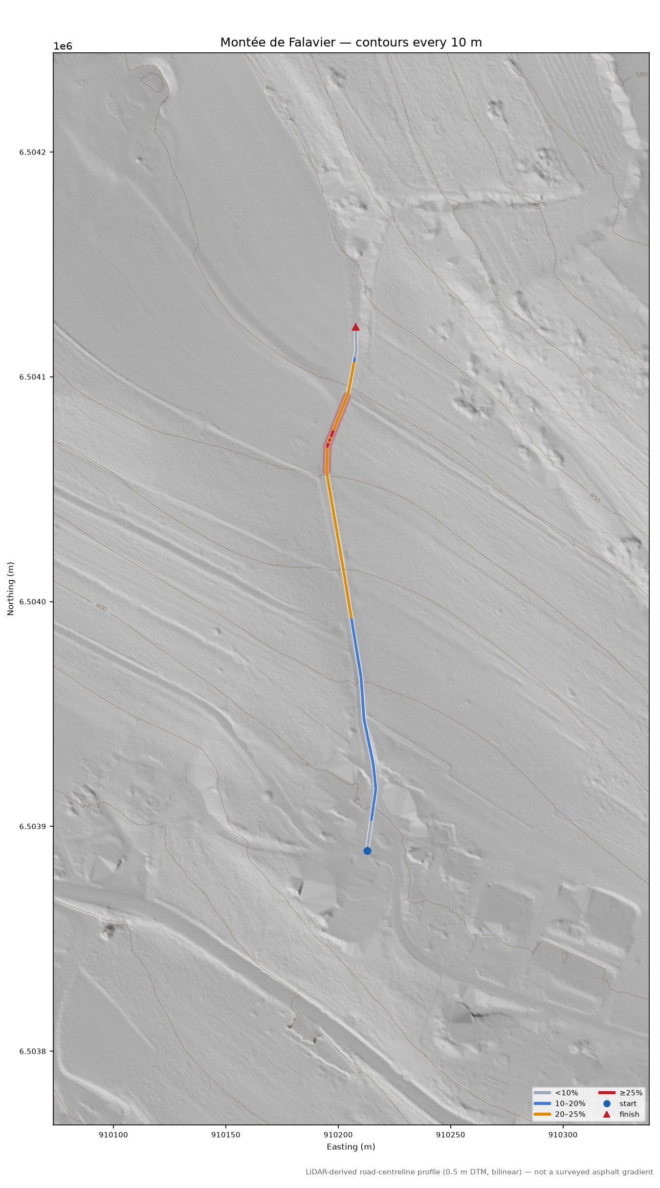 Montée de Falavier LiDAR hillshade map with contours