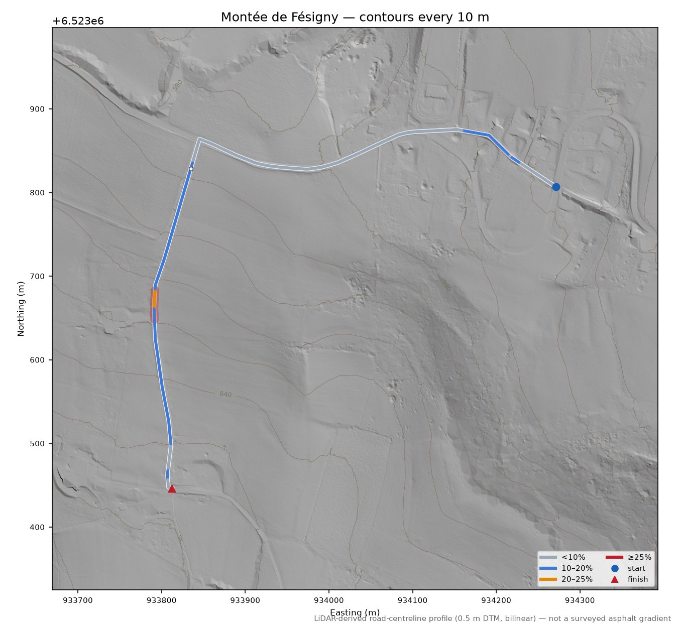 Montée de Fésigny LiDAR hillshade map with contours