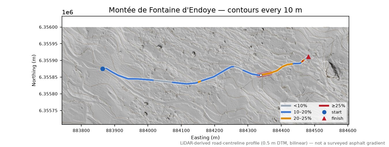 Montée de Fontaine d'Endoye LiDAR hillshade map with contours