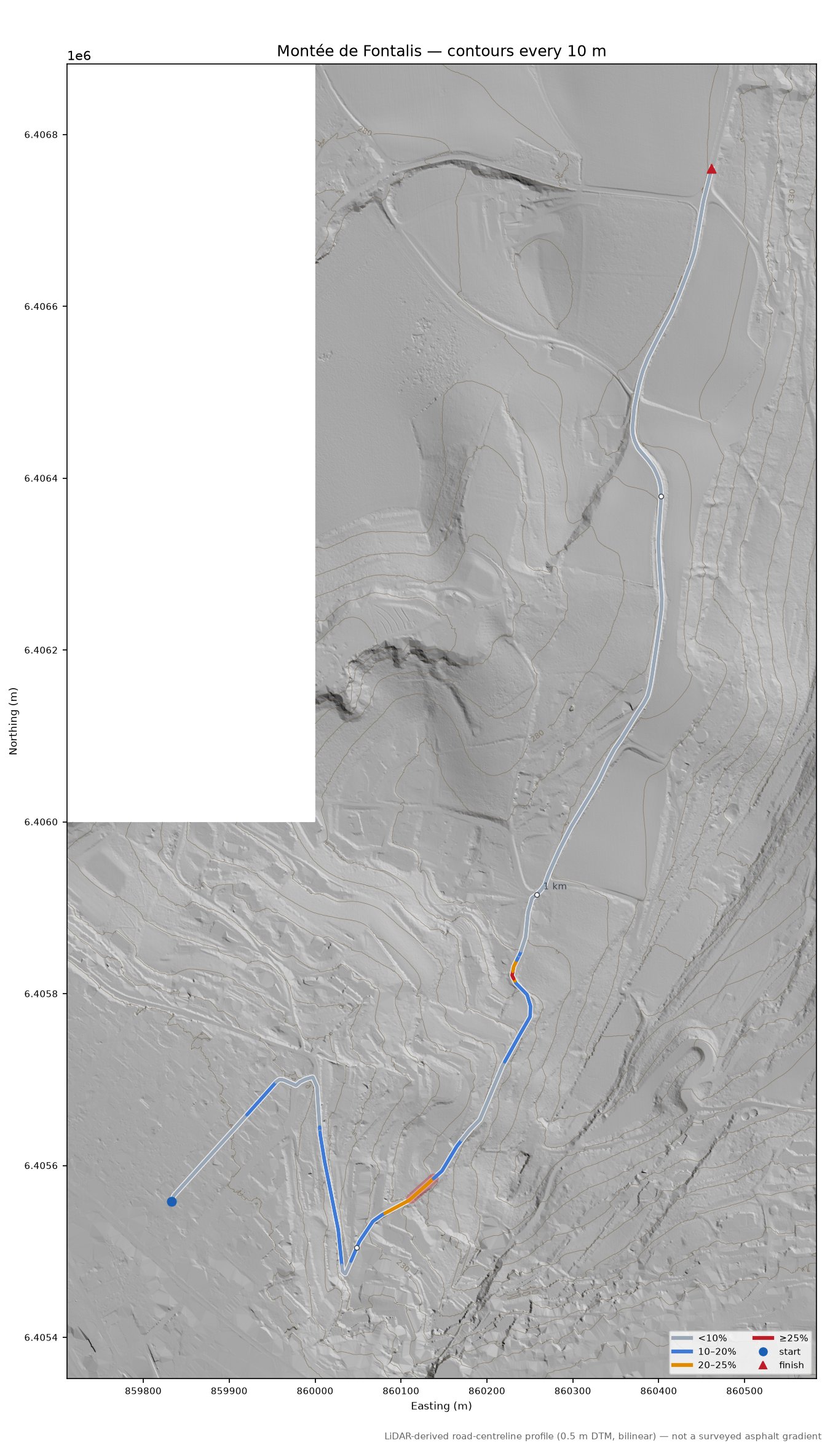 Montée de Fontalis LiDAR hillshade map with contours
