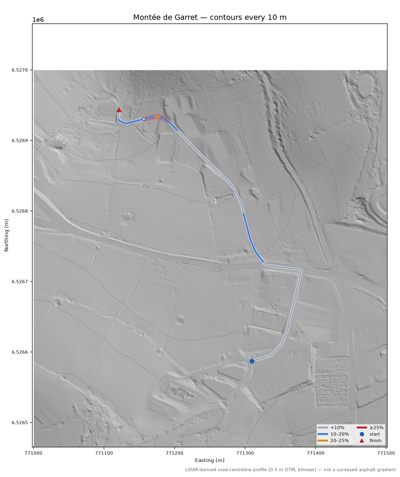 Montée de Garret LiDAR hillshade map with contours