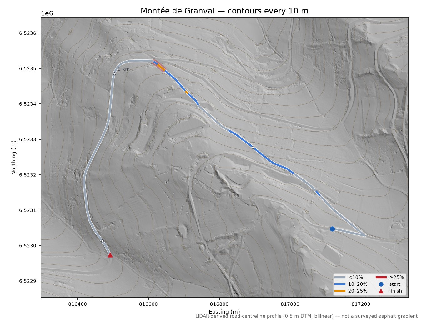 Montée de Granval LiDAR hillshade map with contours