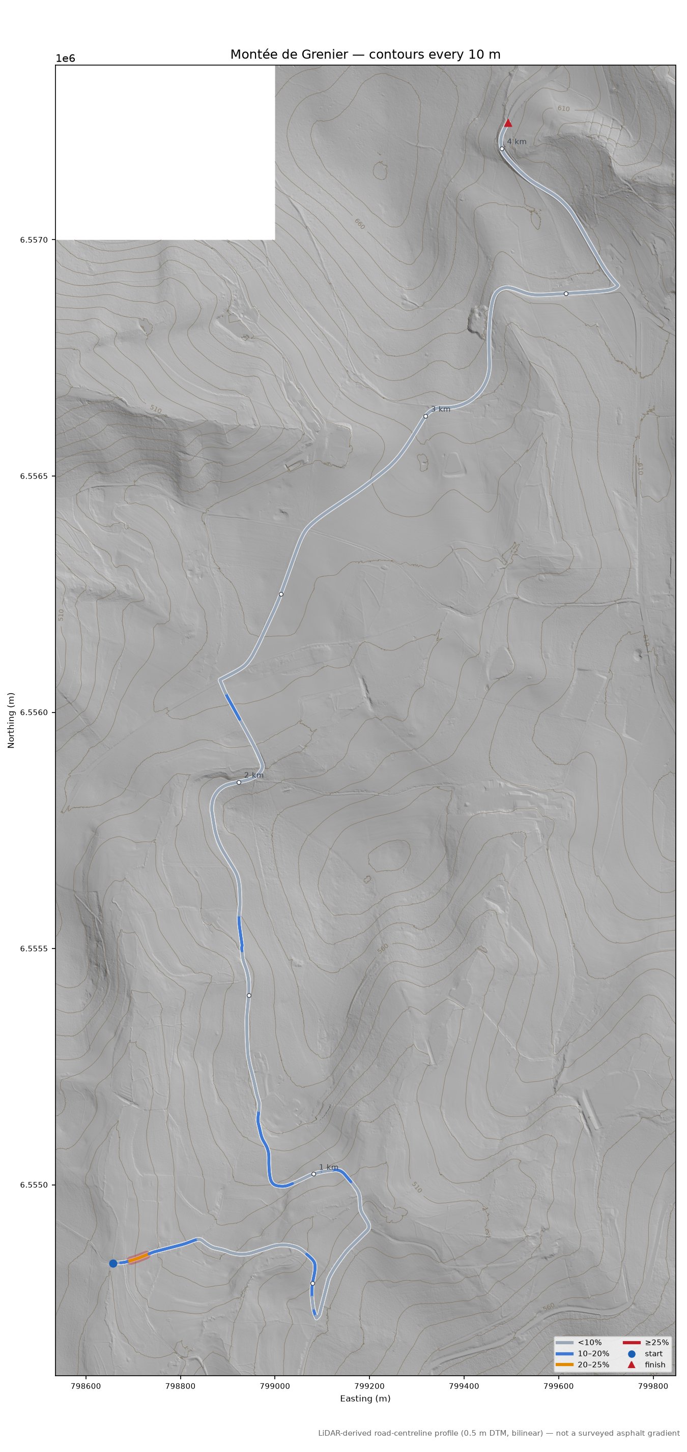 Montée de Grenier LiDAR hillshade map with contours