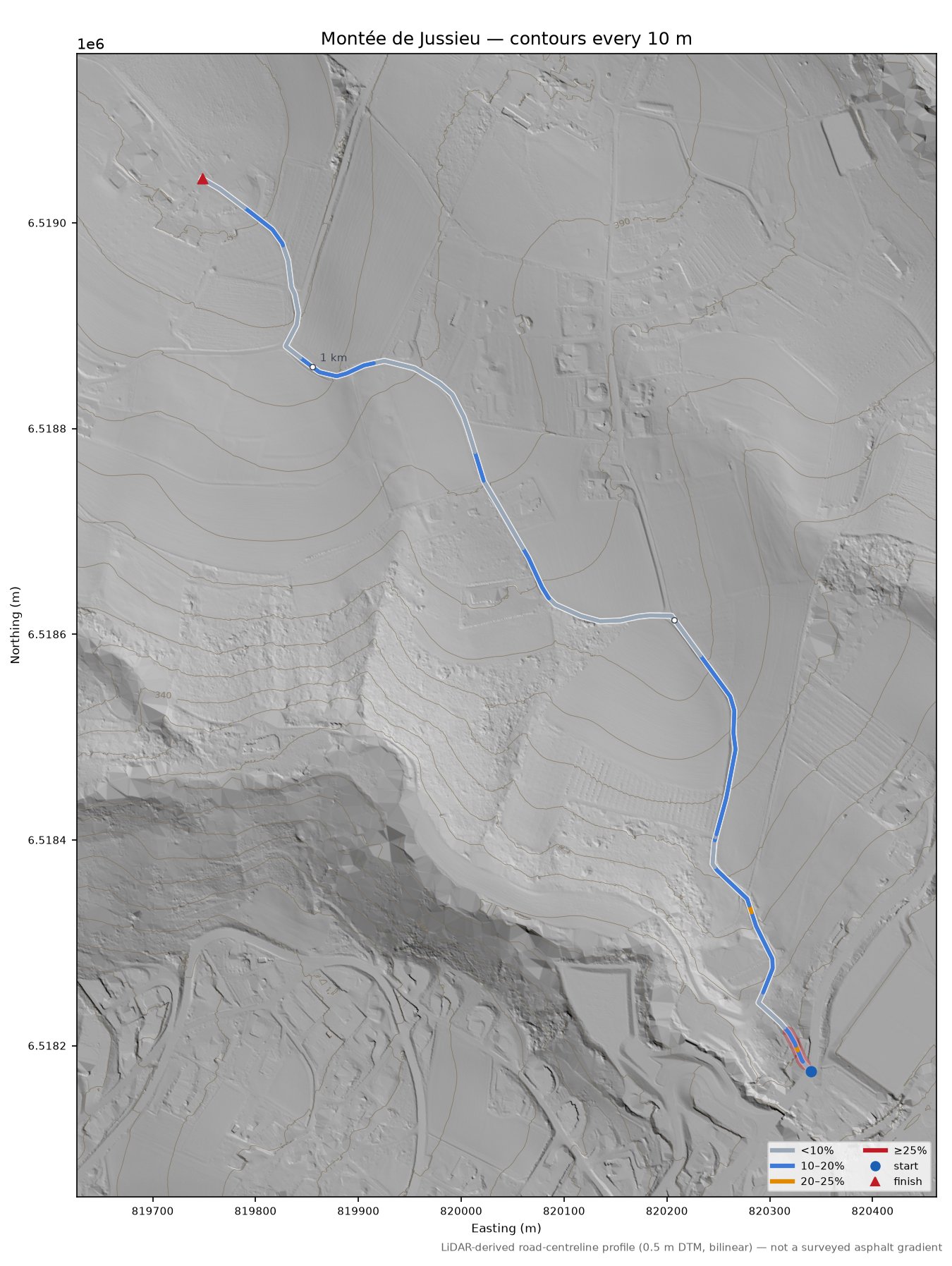 Montée de Jussieu LiDAR hillshade map with contours