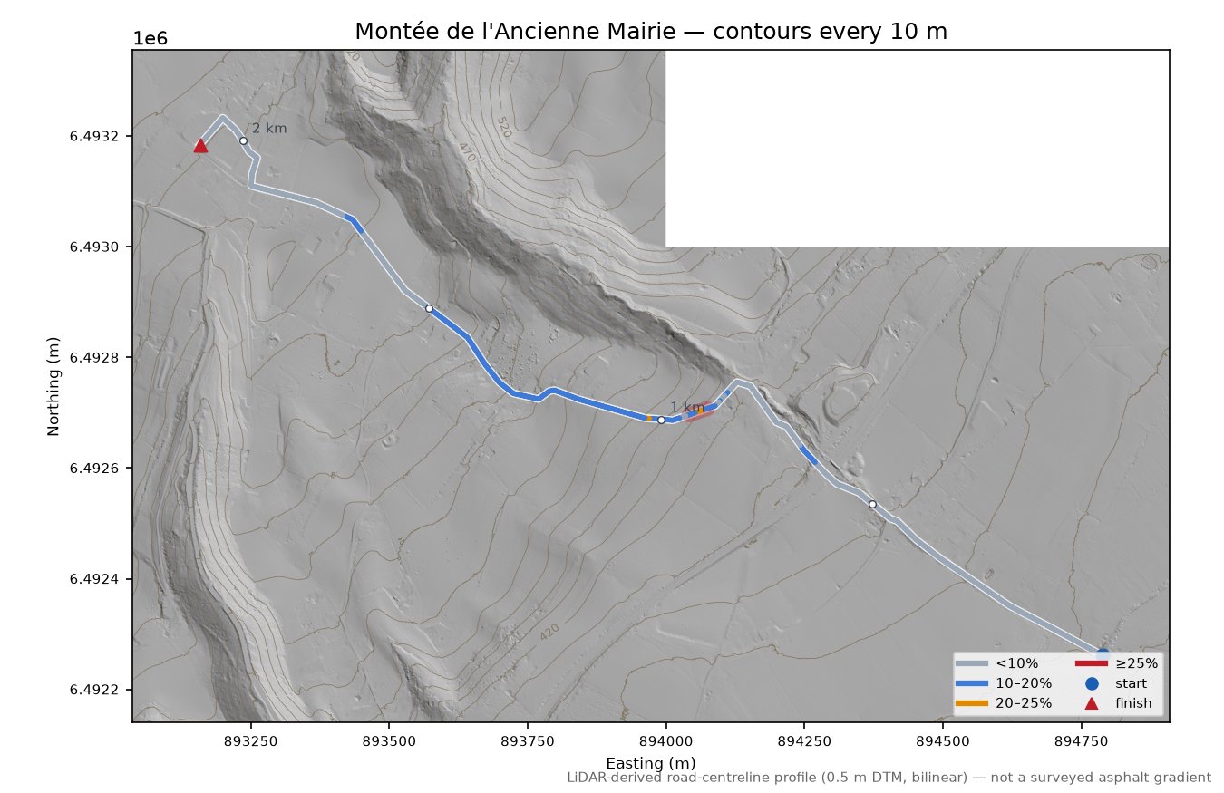 Montée de l'Ancienne Mairie LiDAR hillshade map with contours