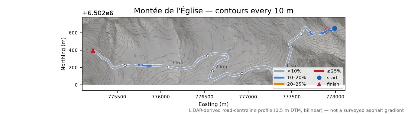 Montée de l'Église LiDAR hillshade map with contours