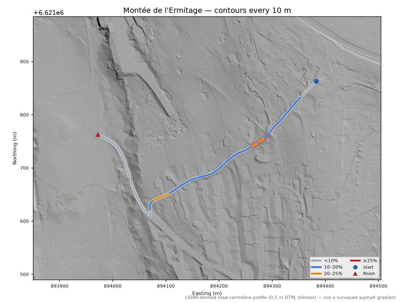 Montée de l'Ermitage LiDAR hillshade map with contours