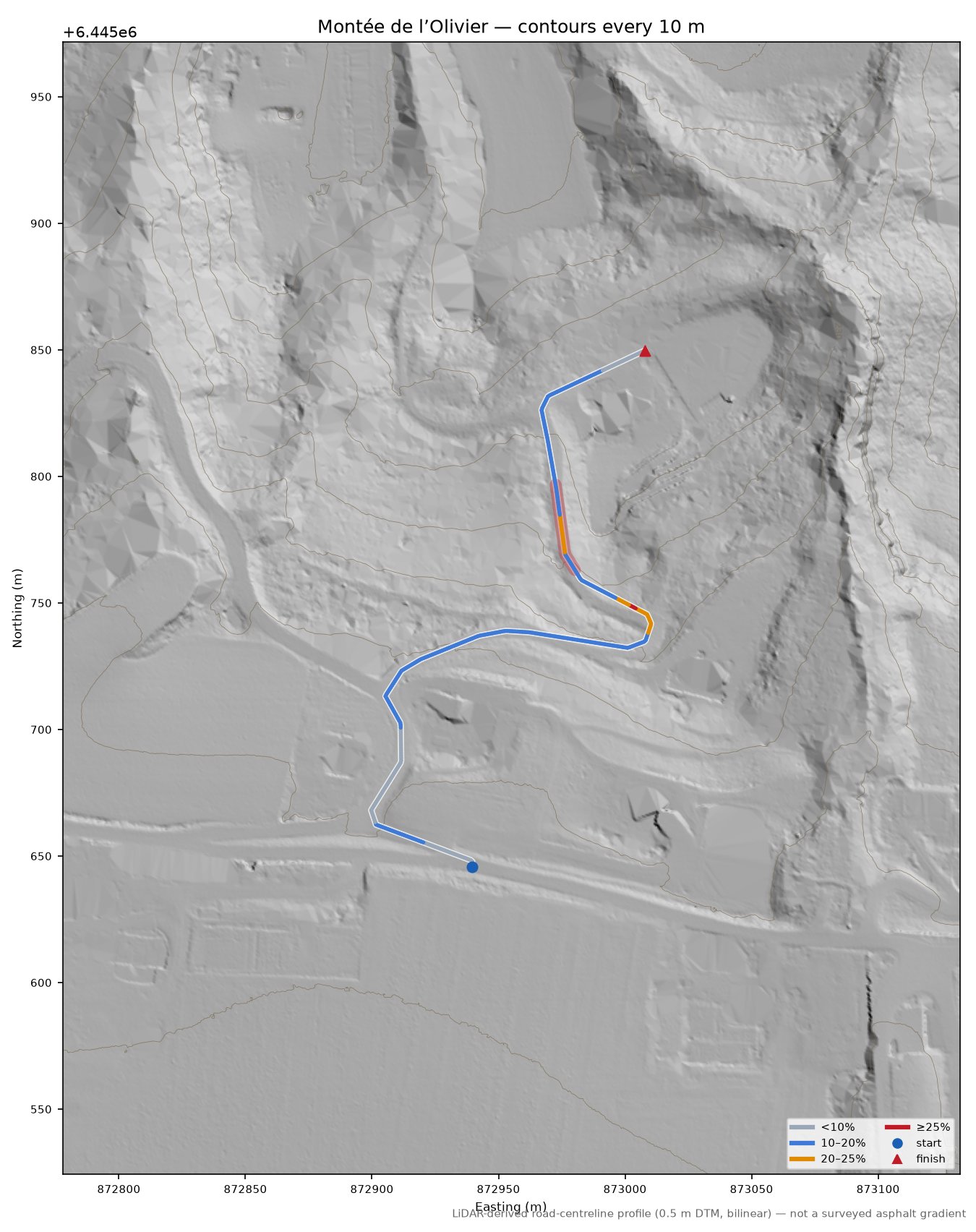 Montée de l’Olivier LiDAR hillshade map with contours
