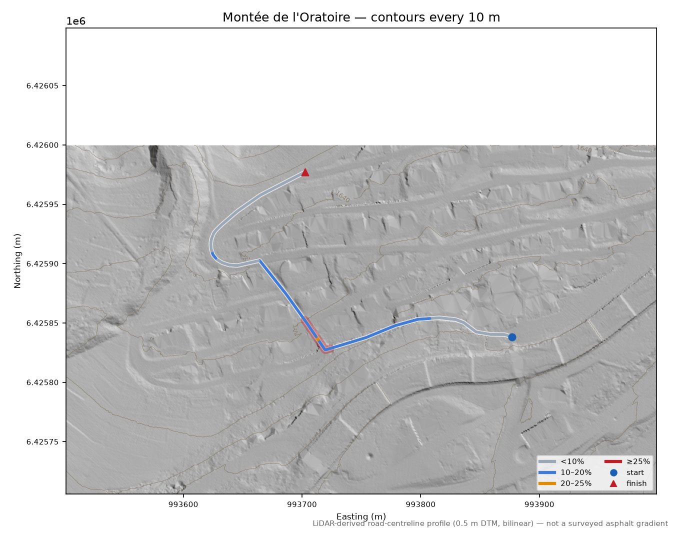 Montée de l'Oratoire LiDAR hillshade map with contours