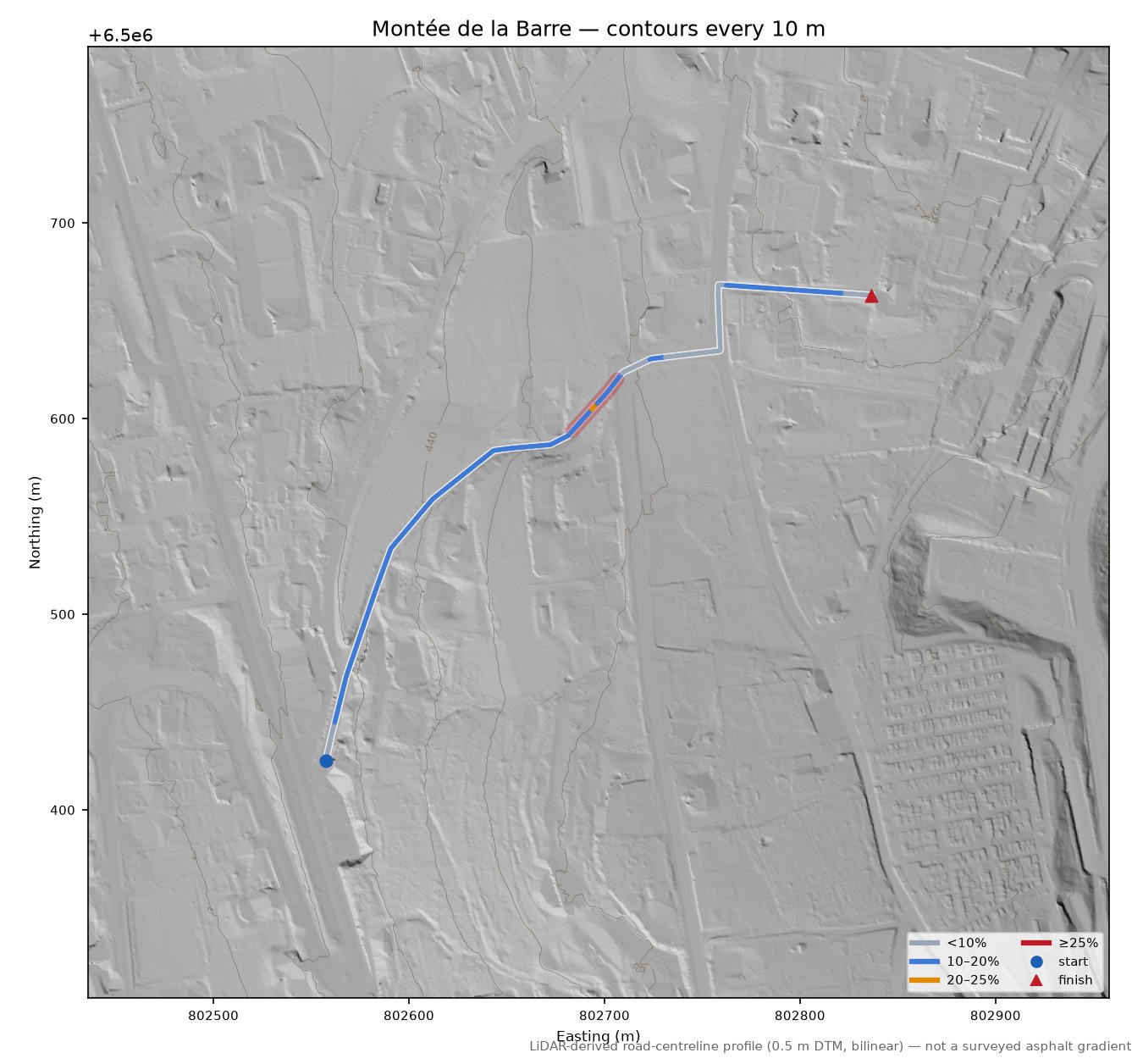 Montée de la Barre LiDAR hillshade map with contours