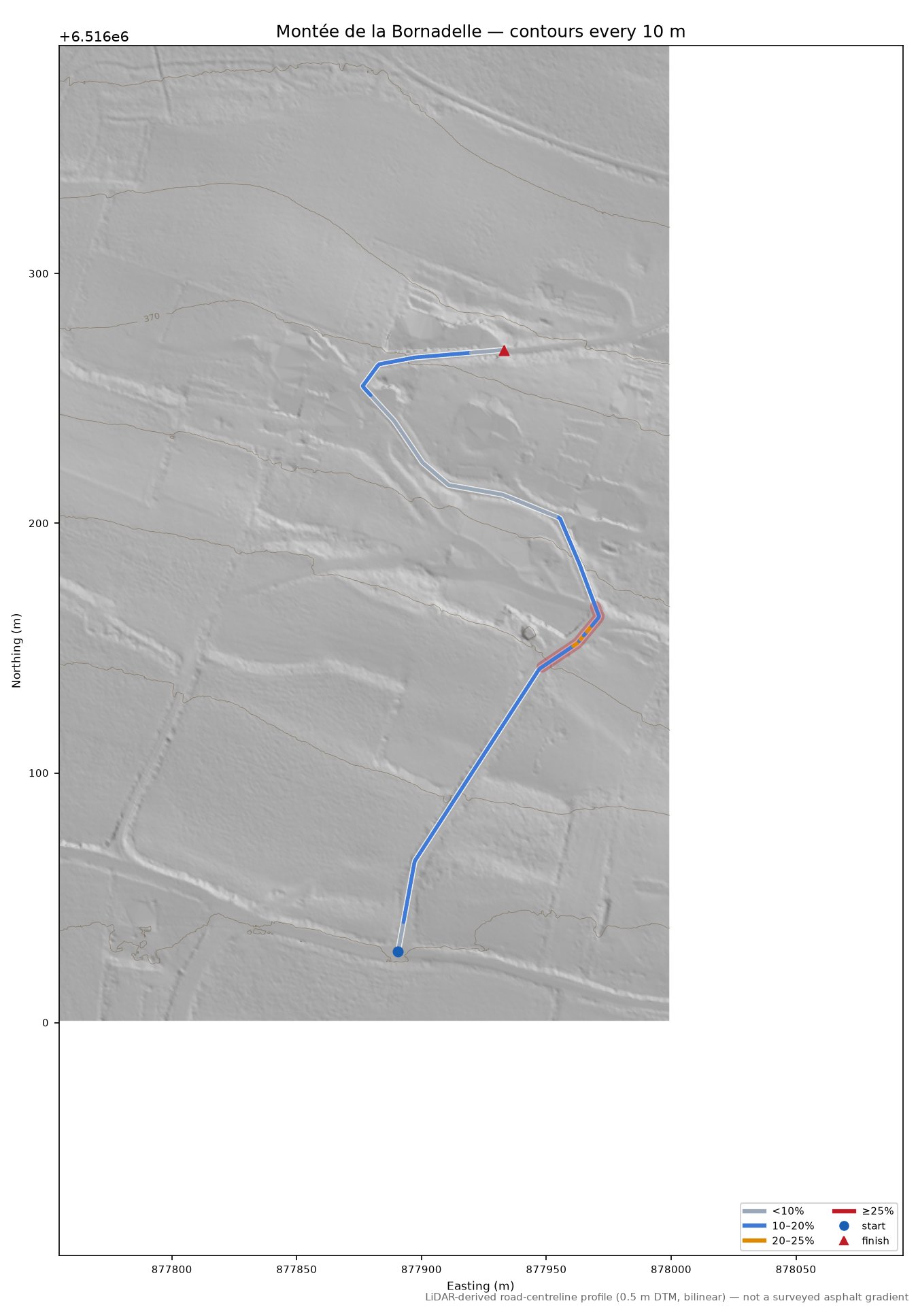 Montée de la Bornadelle LiDAR hillshade map with contours